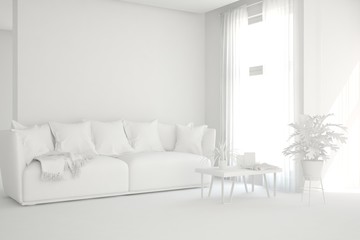 Mock up of stylish room in white color with sofa. Scandinavian interior design. 3D illustration