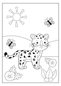 Coloring page or book for kids. Cute cartoon leopard with butterfly. Safari tropical animals. Vector character. Educational game.