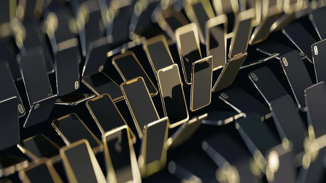 Smartphones with gold buttons move and rotate in rows, rich bokeh. Infinite loop. Abstract movement of phones, background image for sale discount. Expensive luxury background. Gold and black pattern.