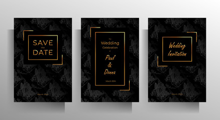 Design wedding invitation template set. Floral hand painted texture in black color. Vector 10 EPS.