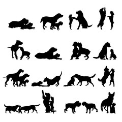 Vector silhouette of collection of dogs play together on white background. Symbol of pets and friendship.