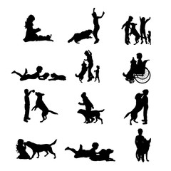 Vector silhouette of collection of child play with dog on white background. Symbol of pets and friendship.