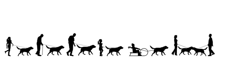 Vector silhouette of collection of people walks with dog on white background. Symbol of pets and friendship.