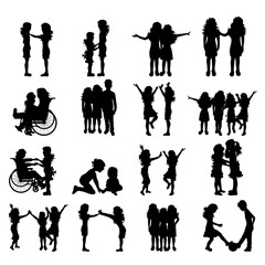 Vector silhouette of collection of child play together on white background. Symbol of family and friendship.