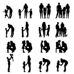 Vector silhouette of collection of family in different pose on white background. Symbol maternity and upbringing.