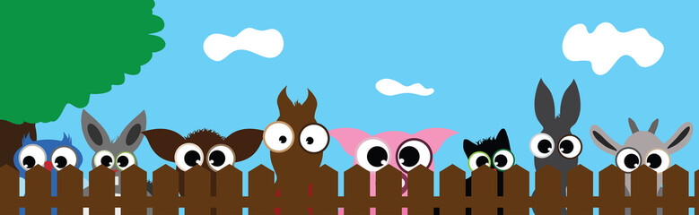 Vector illustration of different animals face behind the fence. Symbol of curious and farm.