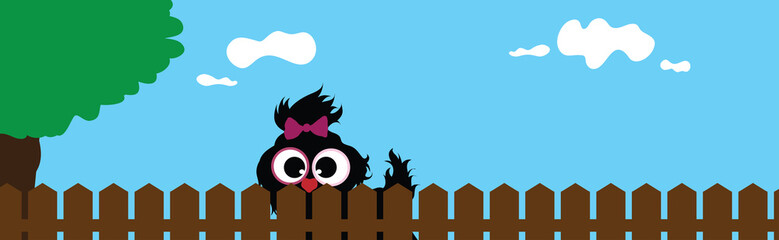 Vector illustration of dog´s face behind the fence. Symbol of curious and home.