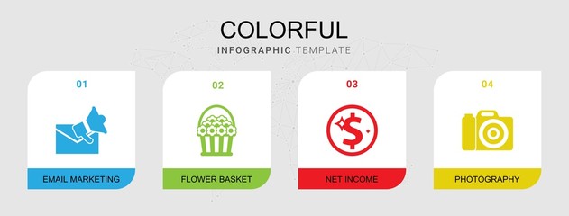 4 colorful filled icons set isolated on infographic template. Icons set with Email marketing, flower basket, Net Income, Photography icons.