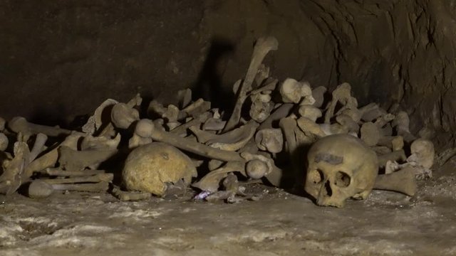Human bones and skull in a tomb.