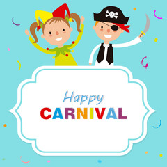 Children dressed as pirate and clown. Blank frame for text