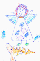 Child's drawing of angel, stars and deer or elk.