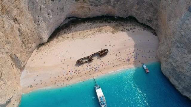 Aerial shot of the famous hidden beach with shipwreck at Zakynthos