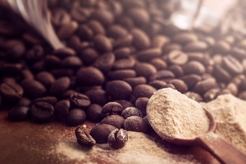 coffee beans with powder spoon
