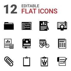 12 document filled icons set isolated on white background. Icons set with Folder, coding, Data mining, Balance Sheet, Scrapbooking, Content management, Paperclip, Clipboard icons.