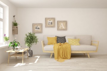 Stylish room in white color with sofa. Scandinavian interior design. 3D illustration