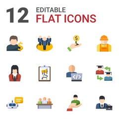 12 user flat icons set isolated on white background. Icons set with Account, team, Investor, businesswoman, social media strategy, builder, Chat Bot, developers team, client icons.