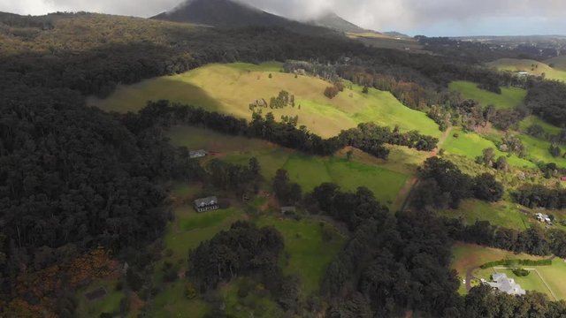 aerial of Waimea on the big island of hawaii green lush grasslands meet forest on Kohala mountain
