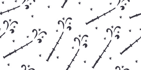 Seamless pattern with magic wands, stars, outline