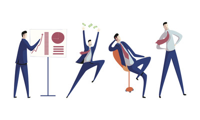 Young Man Wearing Formal Suit Drawing Diagram and Talking by Phone Vector Set