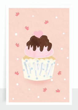 sweet cute chocolate cupcake and pink heart put in the picture frame.very adorable watercolor design.bakery shop decoration look so yummy.lovely style leaf fall on the ground.