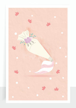 sweet and cute piping cream cake put in the photo frame.adorable design with pink leaf paper pastel background.bakery shop decoration show on the table.lovely picture of front website cover.