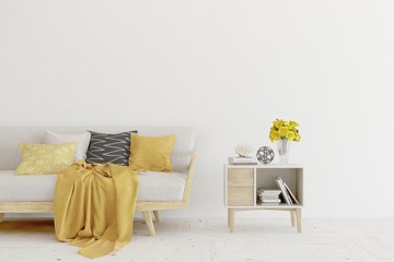 Stylish room in white color with yellow furniture. Scandinavian interior design. 3D illustration