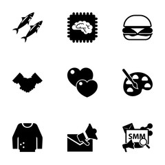 9 design filled icons set isolated on white background. Icons set with sardine, Artificial Intelligence, burger, partnership, love, Painting, jumper, Email marketing, Social Media Marketing icons.