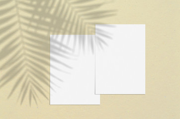 Blank white vertical paper sheet 5x7 inches with palm shadow overlay. Modern and stylish greeting card or wedding invitation mock up.
