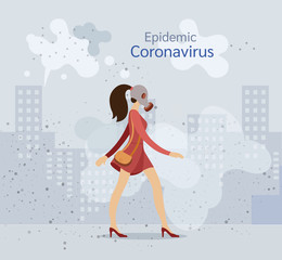 Coronavirus in China. New Wuhan coronavirus 2019-nCoV. Young woman in gas mask, protection against chinese virus vector illustration