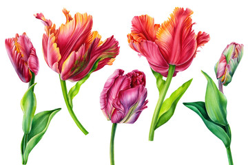 Obraz premium Set tulips on isolated white background, watercolor painting, hand drawing, botanical art. 