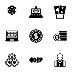 9 casino filled icons set isolated on white background. Icons set with dice, slot machine, poker, online casino, casino Chip, bet, gambling, Croupier icons.