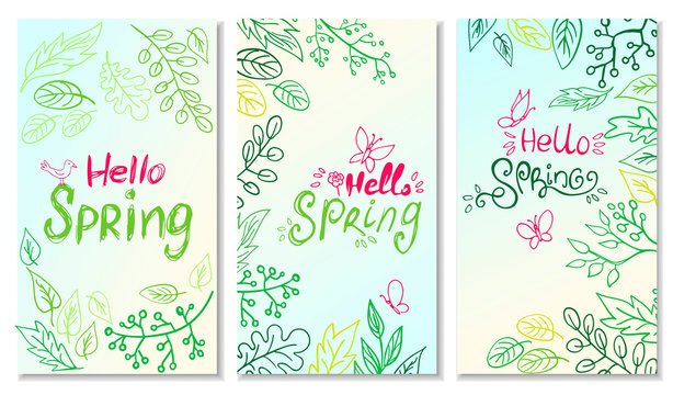 Set of hand drawn card Hello Spring with a frame of spring leaves. Doodle. Lettering design element. Vector illustration.