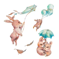 Deurstickers Konijn Aquarel hazen illustratie. Handbeschilderde konijnenvlieg set. Schattige dieren geïsoleerd op een witte achtergrond. Cartoon konijntje in boho chique stijl
