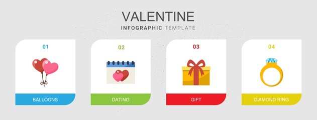 4 valentine flat icons set isolated on infographic template. Icons set with balloons, dating, gift, diamond ring icons.