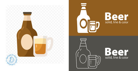 Bottle of beer with glass, flat design modern vector illustration.
