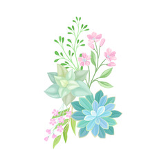 Floral Composition of Tender Colorful Succulent Plant Arranged with Botanical Twigs Vector Illustration