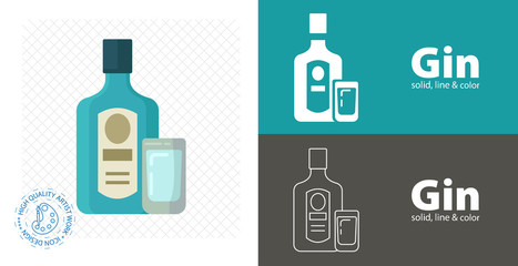 gin bottle with glass flat design. vector illustration.