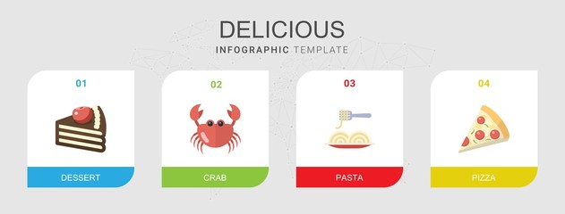 4 delicious flat icons set isolated on infographic template. Icons set with dessert, crab, Pasta, Pizza icons.