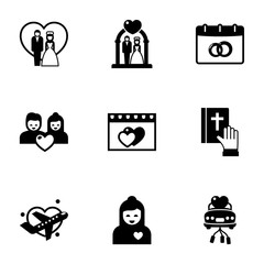 9 couple filled icons set isolated on white background. Icons set with just married couple, wedding ceremony, wedding date, dating, vow, Honeymoon, boyfriend, just married car icons.