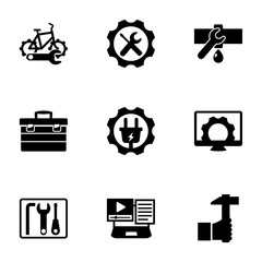 9 repair filled icons set isolated on white background. Icons set with bike repair service, Repair service, Plumbing service, toolbox, Electrical Computer icons.