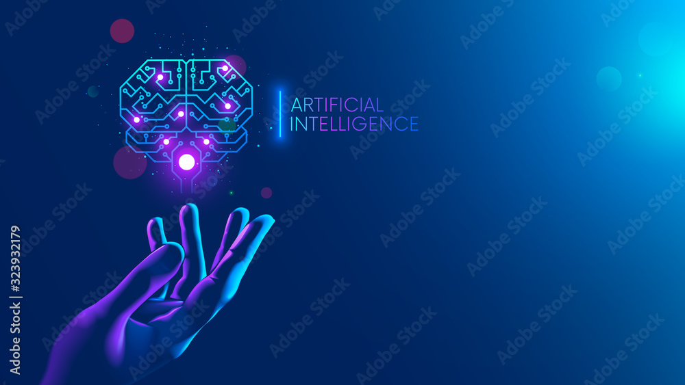 Aufkleber Circuit board in shape electronic brain with gyrus, symbol ai hanging over hand. Symbol of computer neural networks or artificial intelligence in neon cyberspace with glowing title on palm scientist