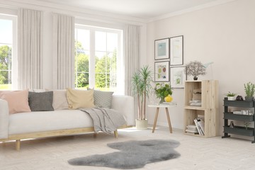 Fototapeta premium Stylish room in white color with sofa and summer landscape in window. Scandinavian interior design. 3D illustration