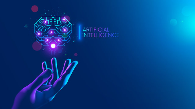 Circuit Board In Shape Electronic Brain With Gyrus, Symbol Ai Hanging Over Hand. Symbol Of Computer Neural Networks Or Artificial Intelligence In Neon Cyberspace With Glowing Title On Palm Scientist