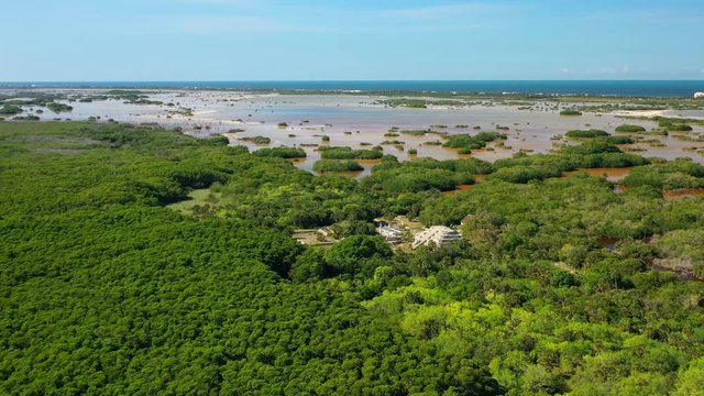 Aerial, drone shot over the Xcambo ruins, towards the laguna Rosada lake and the coast of Yucantan, on a sunny day, in Mexico
