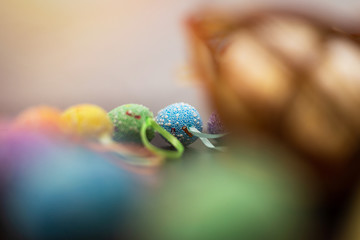 Close up of the colorful easter eggs and white eggs in a nest with hay on a dark wooden background. Easter holidays concept. April vibes.