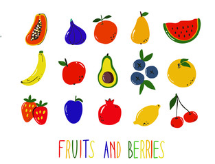 Set of fruits and berries isolated on white background vector. Healthy diet, 100% organic food. Vegetarian fruits for nutrition. Exotic, fresh, juicy figs, avacado, papaya, peach, banana, watermelon