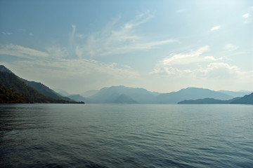 blue water, blue sky, mountains. aegean. Turkey