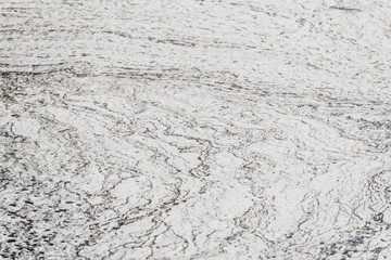 White lemna with foam in puddle after heavy rain.