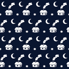 Star night seamless pattern with houses and moon. Flat vector background in black and white.