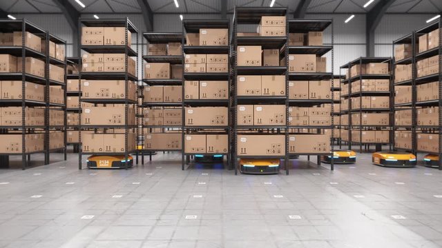 Row of autonomous robots start moving shelves with cardboard boxes in automated warehouse. Tracking shot. Automated warehouse of the future concept. Realistic high quality 3d rendering animation.